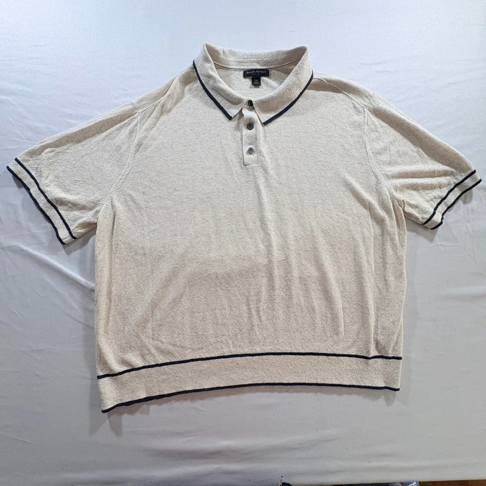 Banana Republic Polo Shirt Mens XXL Beige Silk Linen Blend Knit Short Sleeve